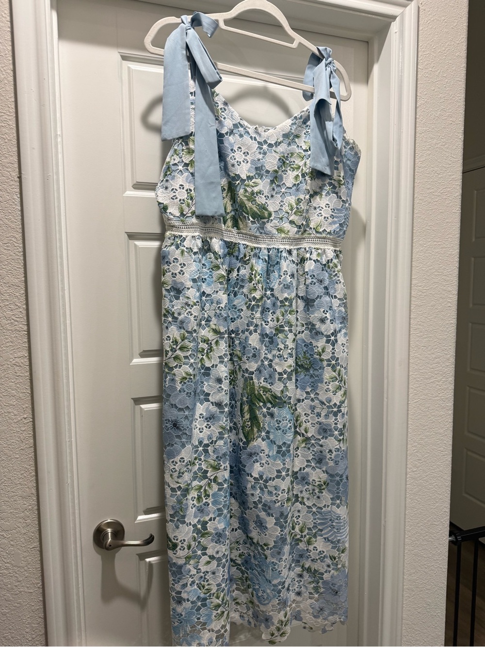 ARULA Light Blue and Green Floral Lace Maxi Dress with Tie Straps